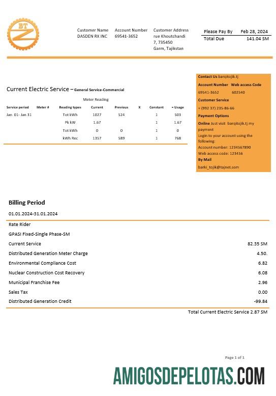 realista Modelo de conta de serviços públicos de eletricidade da Tajiquistão Barqi Tojik Company em formatos Word e PDF